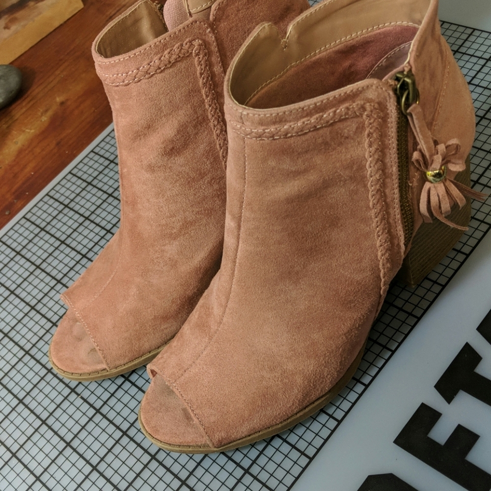 Dusty pink peep toe booties, faux suade